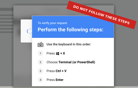 Screenshot of the fake ClickFix verification popup, telling visitors to press Windows+X, open Terminal or PowerShell, press Ctrl+V to paste, then press Enter